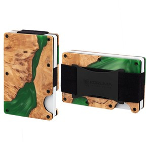 Aluminiowe etui z gumką na karty zbliżeniowe RFID (drewno + zielona żywica)