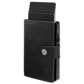Skórzany portfel męski z zewnętrzną kieszenią na kartę oraz aluminiowym etui z wysuwanymi kartami (czarny)